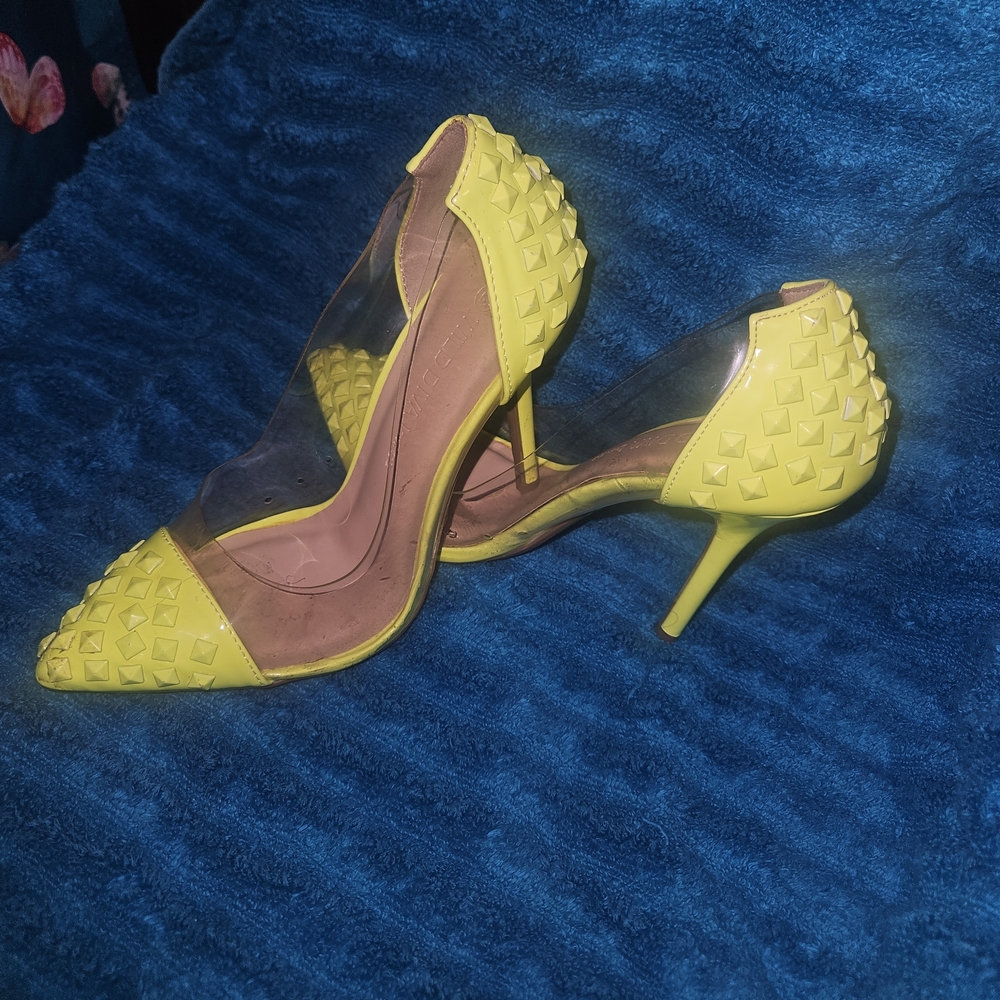Studded Yellow Pointed-Toe Heels with Clear Sides